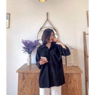 ÁO SƠ MI NỮ OVERSIZE VIỀN CHỈ NỔI DÁNG RỘNG TÚI NGỰC - ÁO SOMI TRẮNG ĐEN STYLE HÀN QUỐC