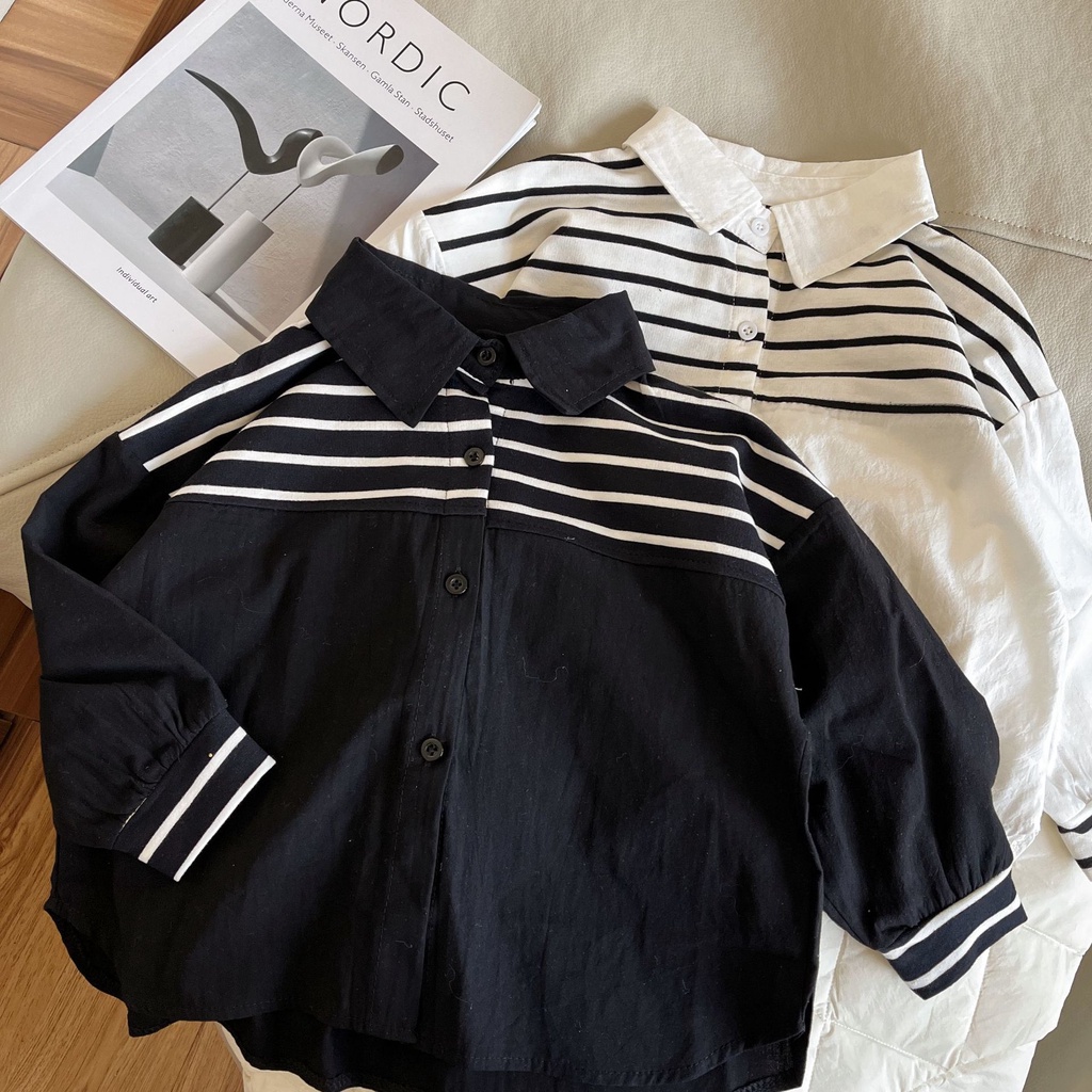 Áo Sơ Mi Cotton Dài Tay Họa Tiết Kẻ Sọc Thời Trang Xuân Thu Hàng Mới Dành Cho Trẻ Em