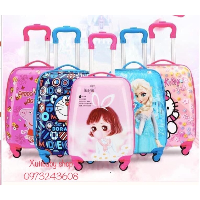 Vali kéo elsa và Anna xanh cùng các bạn, vali trẻ em 4 bánh xe xoay 360 độ, size 18 inch