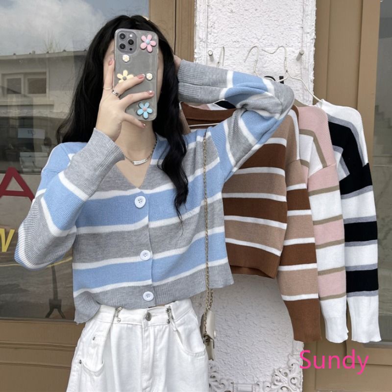Áo khoác cardigan dệt kim tay dài cổ chữ v kẻ sọc thời trang mùa thu cho nữ