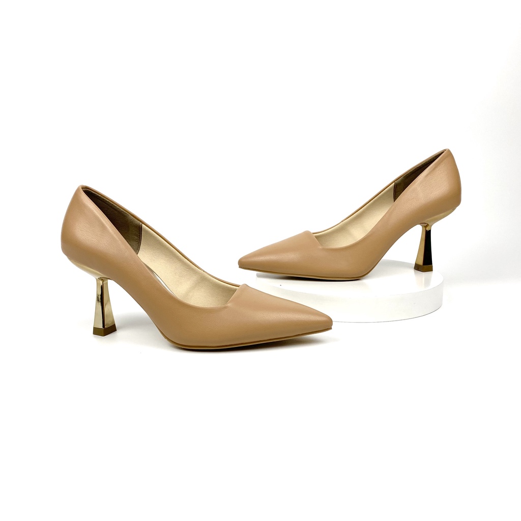 Giày cao gót mũi nhọn gót kiểu mạ vàng 7p HADU G782 Golden Monopoly cổ vuông