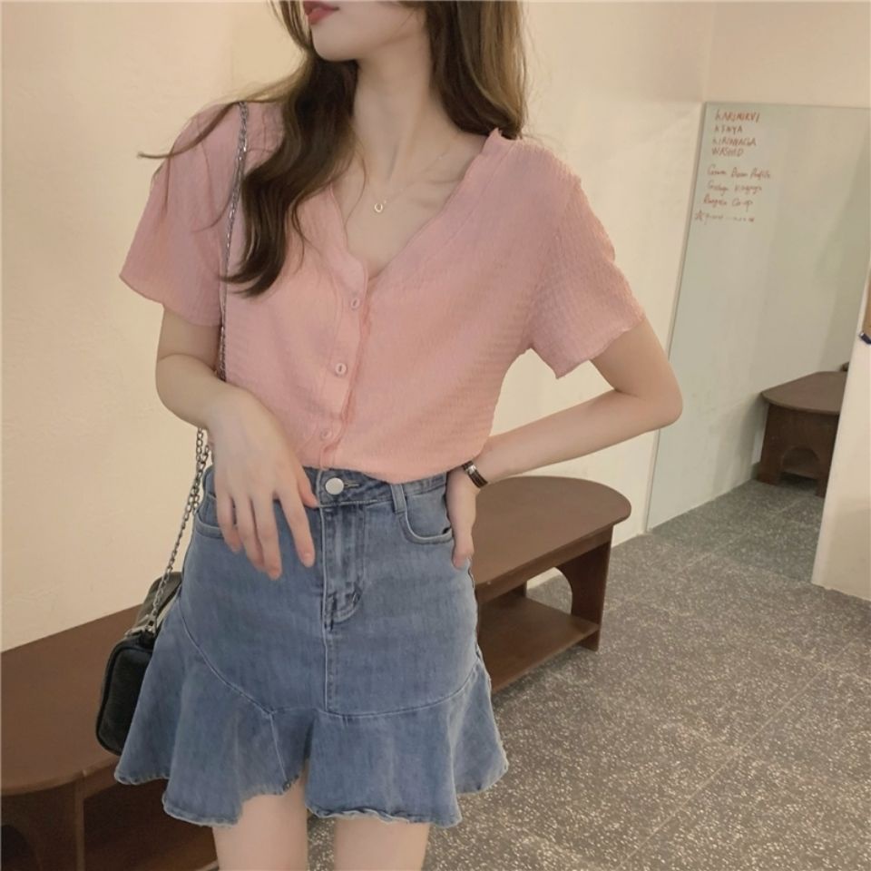 Áo Sơ Mi nữ cộc Tay Ngắn Cổ Chữ V Xếp Ly Phong Cách Hàn Quốc Thời Trang Mùa Hè Xinh Xắn Cho áo Nữ