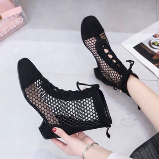 [ SẴN ĐEN S39 ] Boots lưới cổ thấp da lộn gót vuông 3cm
