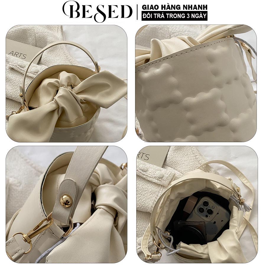 Túi xách nữ đeo chéo hình trụ tròn đẹp sang chảnh dễ thương cá tính da pu cao cấp dáng nơ thời trang đi chơi BESED T047