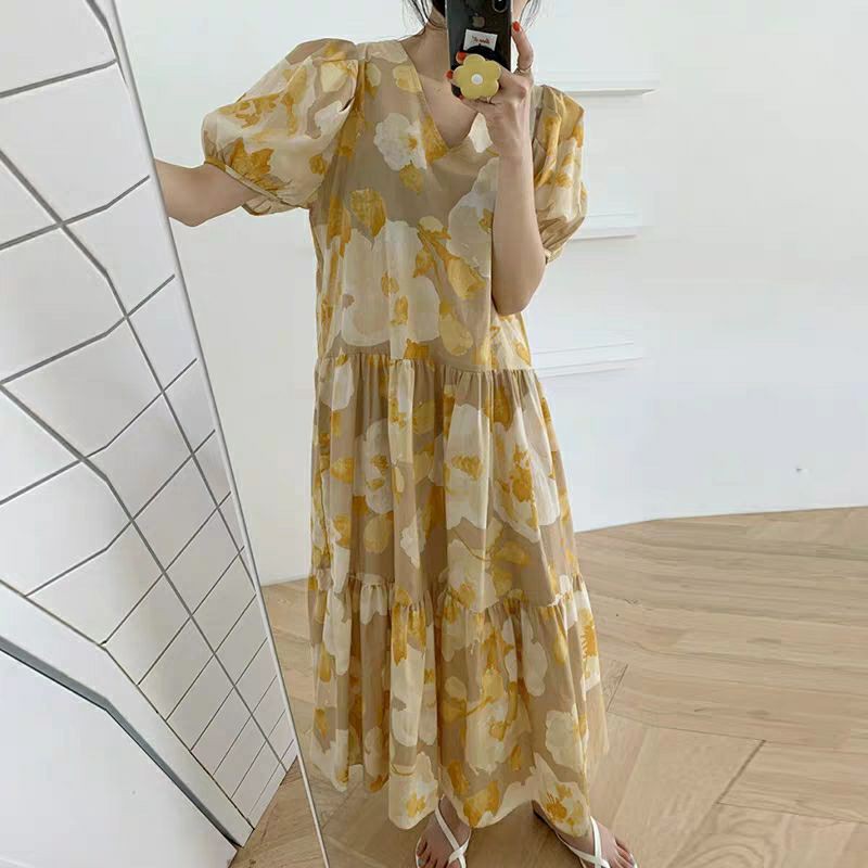 Đầm Maxi Hoa Tay Phồng Cổ V, Phong Cách Hàn Quốc, Free Size Từ 50 Đến 70ký, Chất Liệu Thoáng Mát