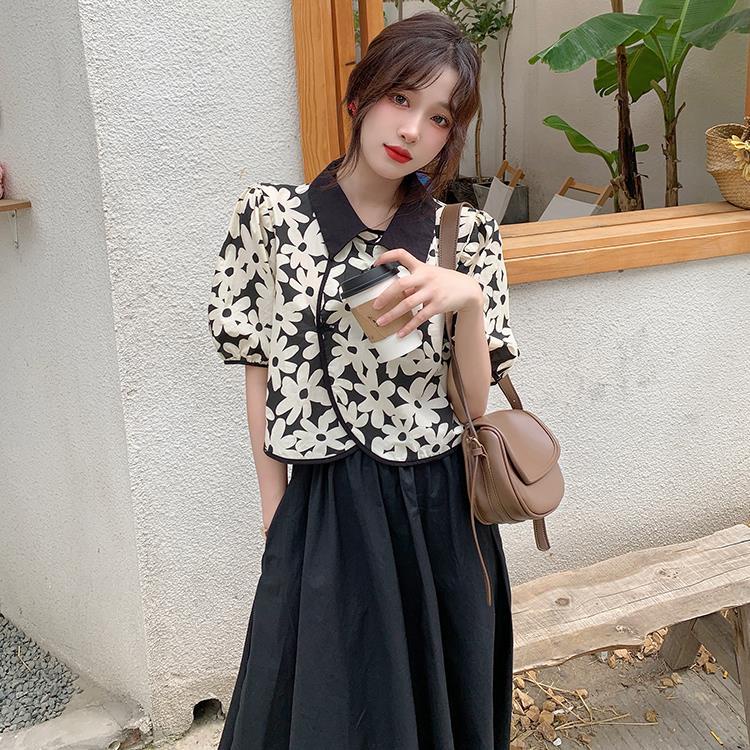 Áo sơ mi ngắn tay dáng bồng in họa tiết hoa/ Chân váy thời trang kiểu Hàn Quốc dành cho nữ