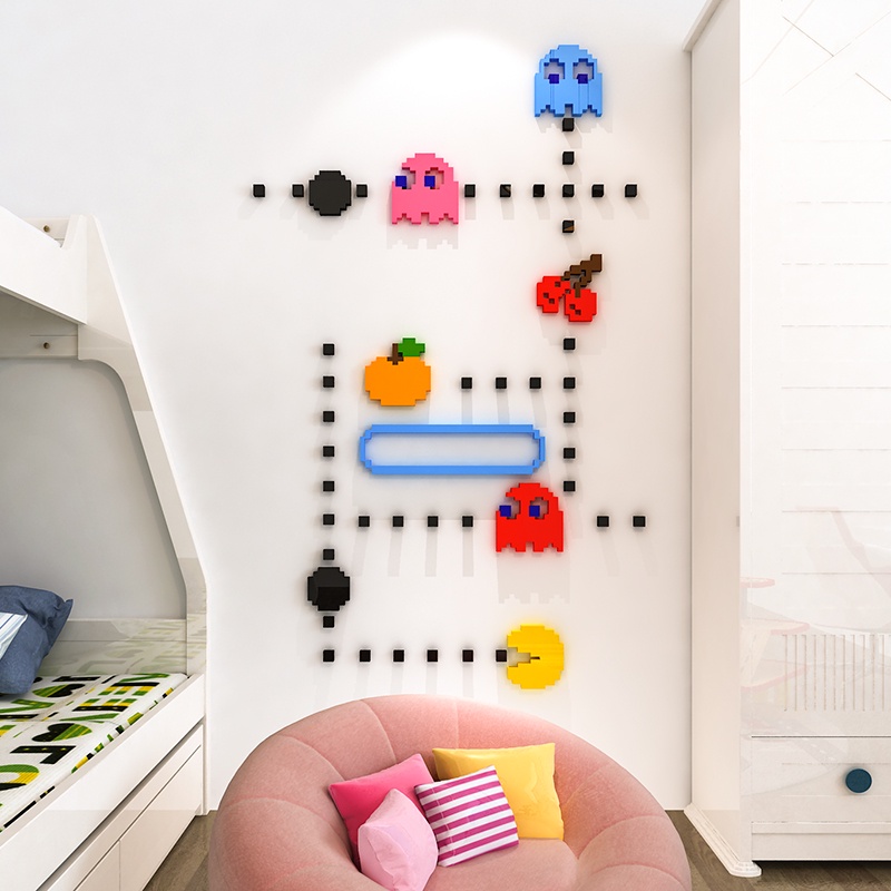 Tranh dán tường mica 3d decor khổ lớn trò chơi pacman trang trí phòng cho bé trang trí mầm non Nhiều Size - EPeBen