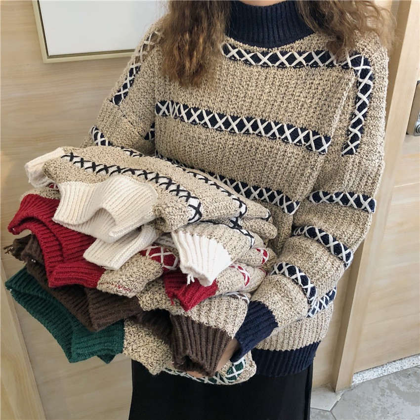 Áo Len Viền Dấu Nhân Kẻ Sọc Ngang Cổ 3 Phân SAVVY Sweater Thời Trang Nữ Thu Đông Mịn Đẹp