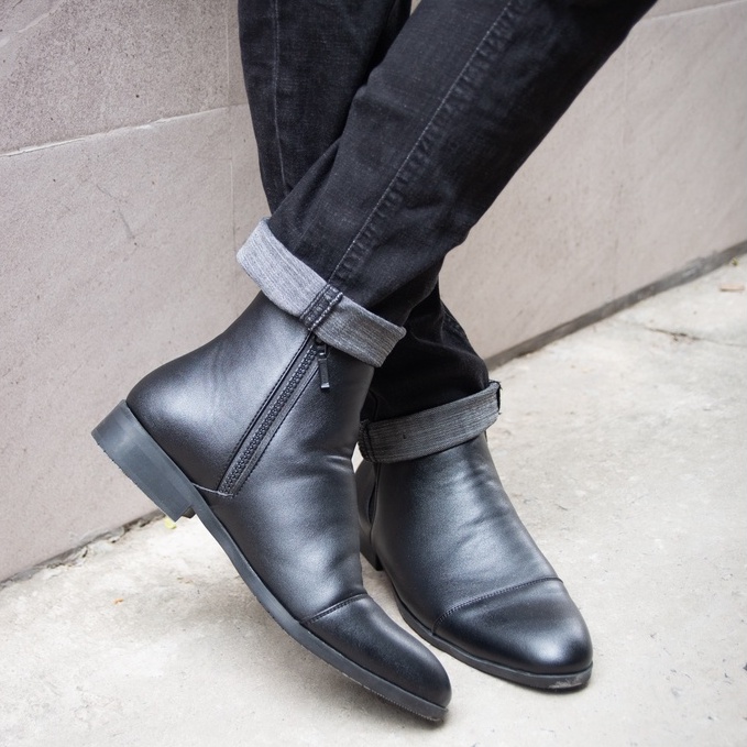 Giày Chelsea Boots Nam Da Chống Nhăn Đế Tăng Chiều Cao 5cm Đen Nhám Cổ Khoá Zip Đức Linh GDA042