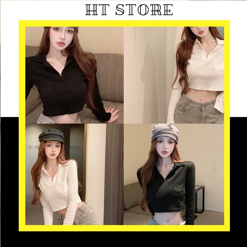 Áo Croptop Nữ Cổ V Dài Tay 2 Màu dưới 59kg - Áo thun cổ bẻ nữ Túi Ngực Trơn B039