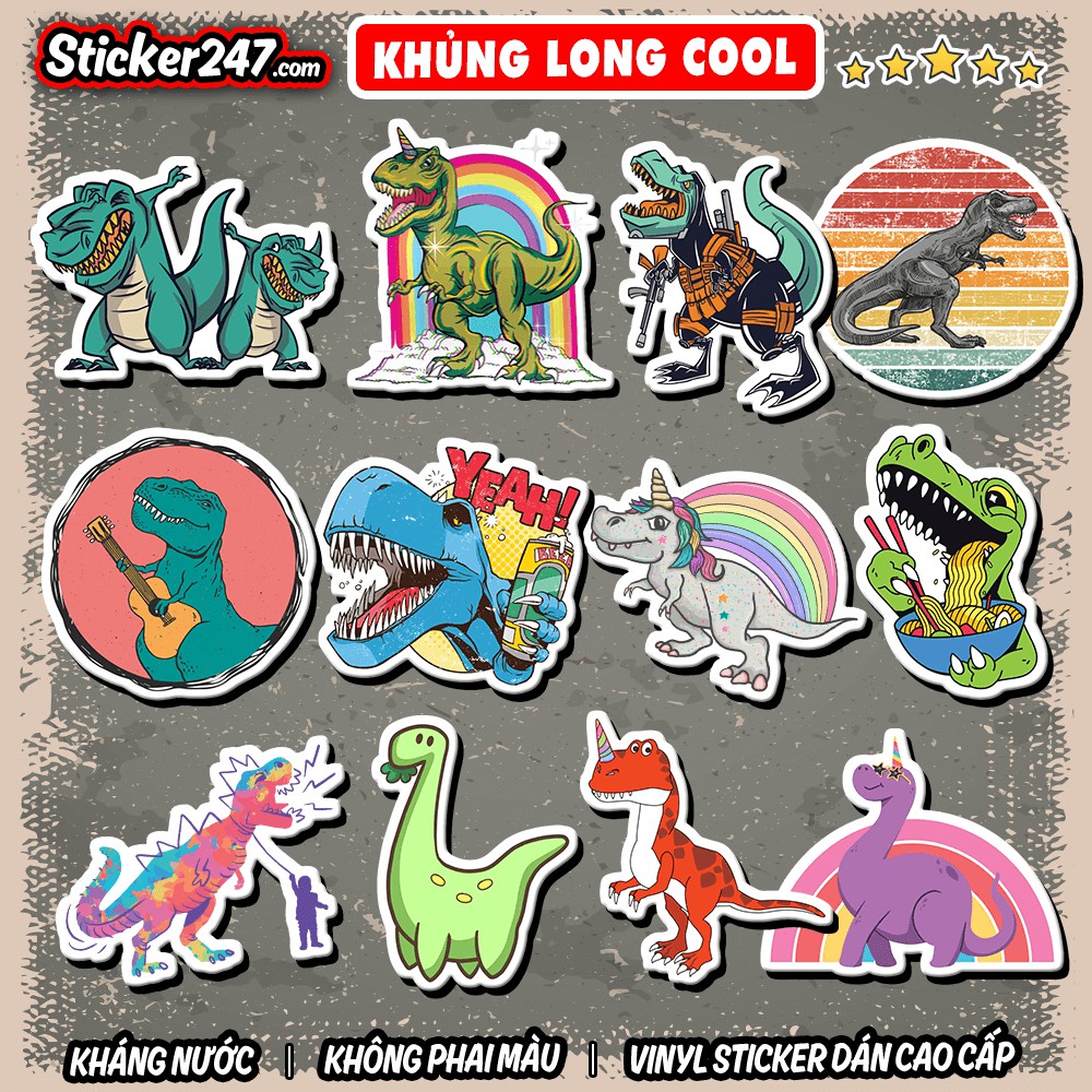 Sticker Khủng Long Cute, Cool ngầu 𝑭𝒓𝒆𝒆𝒔𝒉𝒊𝒑 chống nước dán laptop, điện thoại, guitar, dán mũ bảo hiểm, vali...