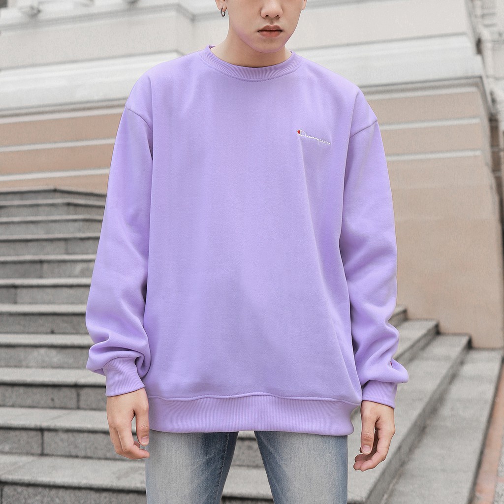 Áo Tay Dài Sweater Champion Chữ Thêu Sắc Nét Có Chất Liệu NỈ Bông Cotton Màu Tím
