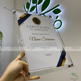 Khung bằng khen A4 MICA Tràn TREO TƯỜNG trong suốt, chất liệu mica acylic, 4 vít treo inox, để vừa giấy ảnh 21x30cm