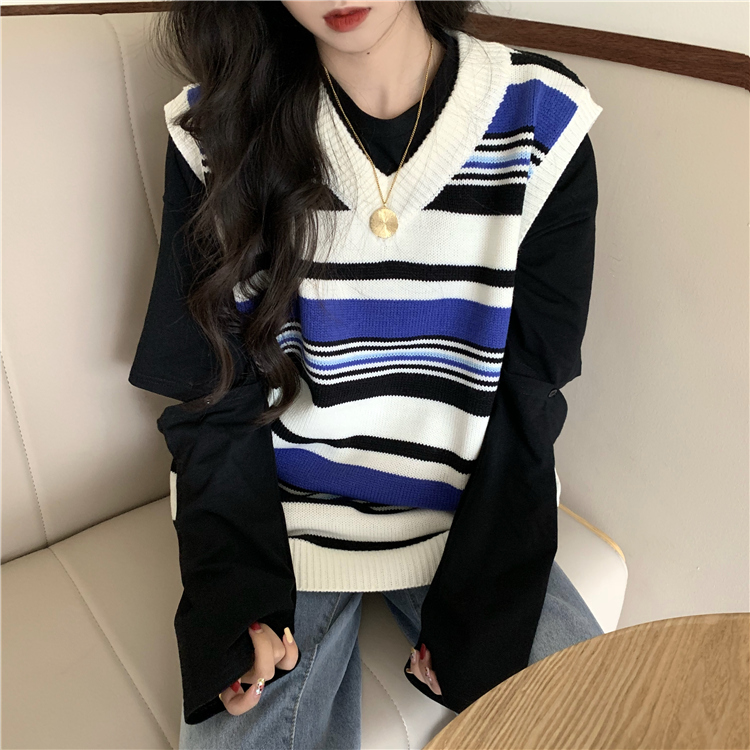 Áo Sweater Dệt Kim Sát Nách Cổ V Kẻ Sọc Màu Sắc Tương Phản Thời Trang 37409