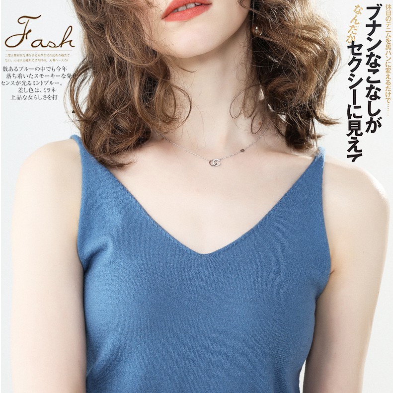 SUXI Áo Tank Top dệt kim thiết kế cổ chữ V nữ tính