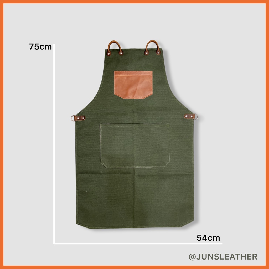 Tạp dề pha chế vải canvas dây da của Junsleather phối da bò cao cấp dành cho Barista/Bartender quán cà phê