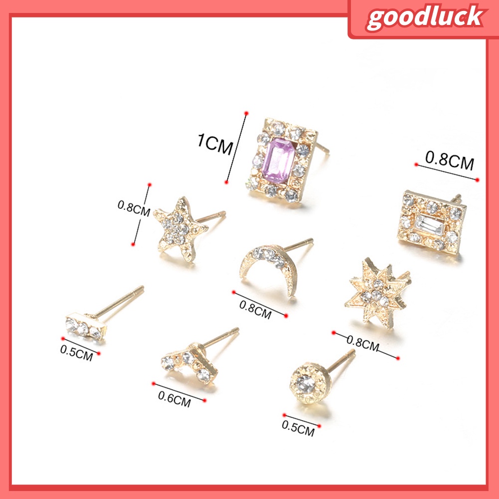 Set 7 đôi khuyên tai hình ngôi sao/mặt trăng đính kim cương nhân tạo cho nữ