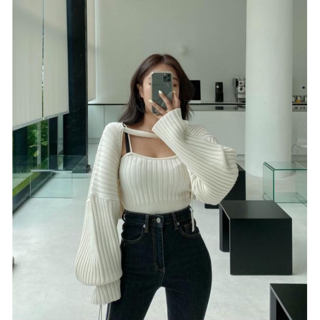 Set áo hai dây + áo khoác cardigan phong cách retro Hàn Quốc sành điệu cho nữ Xiaozhainv | BigBuy360 - bigbuy360.vn