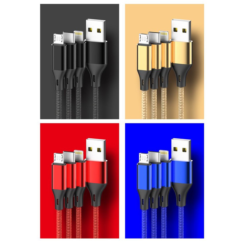 Cáp sạc 3 đầu L3 đa năng cổng/Micro USB/Type C-Dây bọc dù chống đứt,đầu chống gãy gập