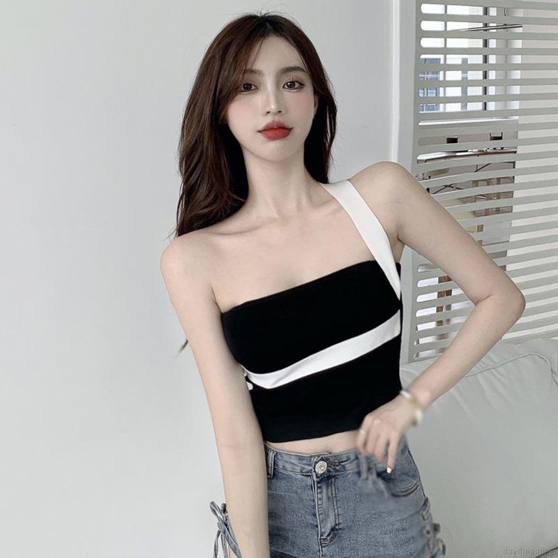 Áo croptop sát nách màu sắc tương phản thời trang nữ