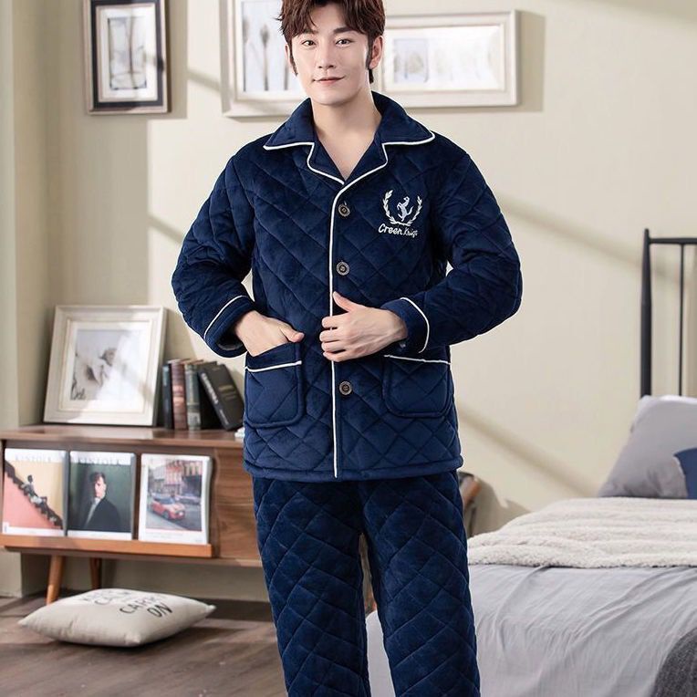 Bộ đồ ngủ mùa đông nam dày vải nỉ trung niên và cao tuổi