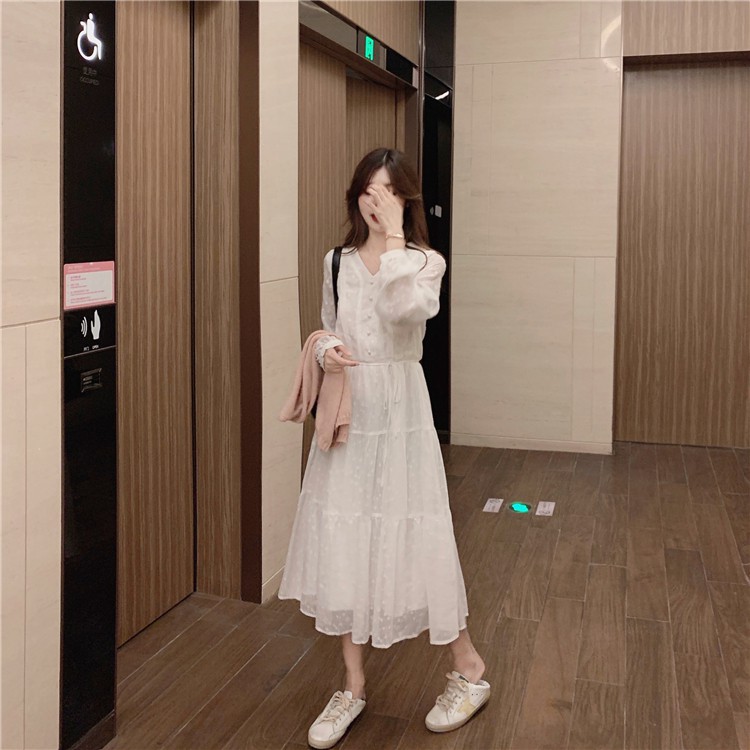 [Sẵn] VD5_Váy voan trắng dài dáng xoè bánh bèo tay dài ulzzang Hàn quốc