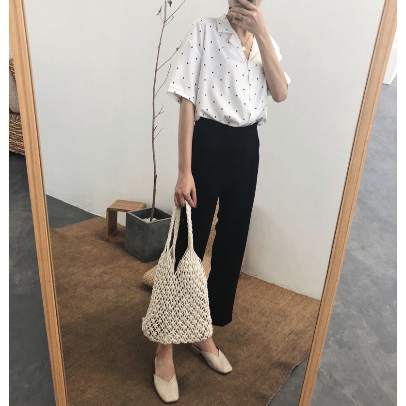 SUXI Áo thun tay ngắn cổ chữ V hoạ tiết chấm bi phong cách Hàn Quốc