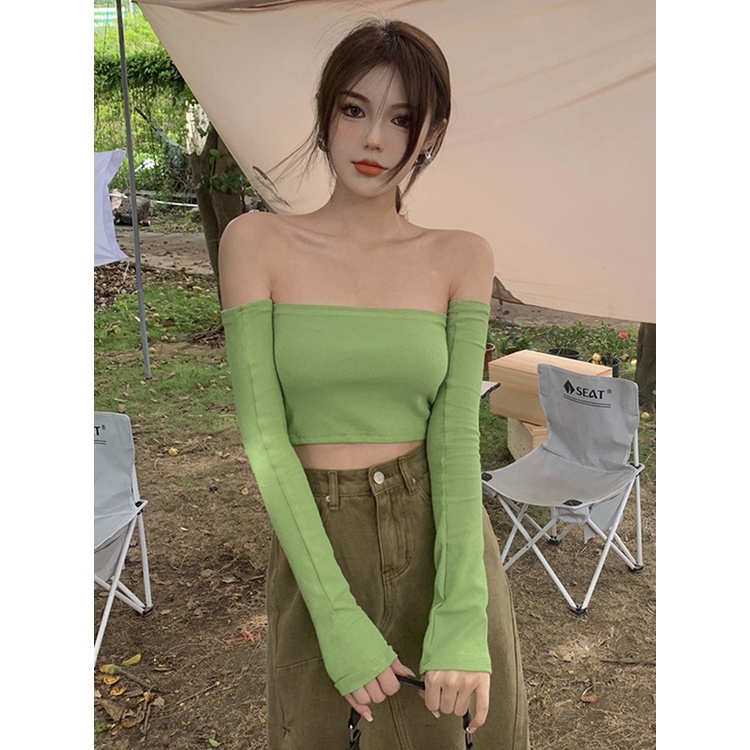 SUXI Áo Croptop Tay Dài Hở Vai Màu Sắc Đơn Giản Phong Cách Retro Hàn Quốc Quyến Rũ