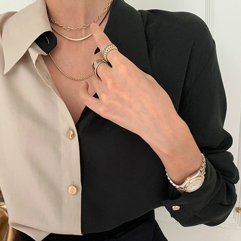 Áo Sơ Mi Dài Tay Màu Sắc Tương Phản Thời Trang 165471 Áo Sơ Mi Form Rộng Theo Phong Cách Retro Hợp Thời Trang