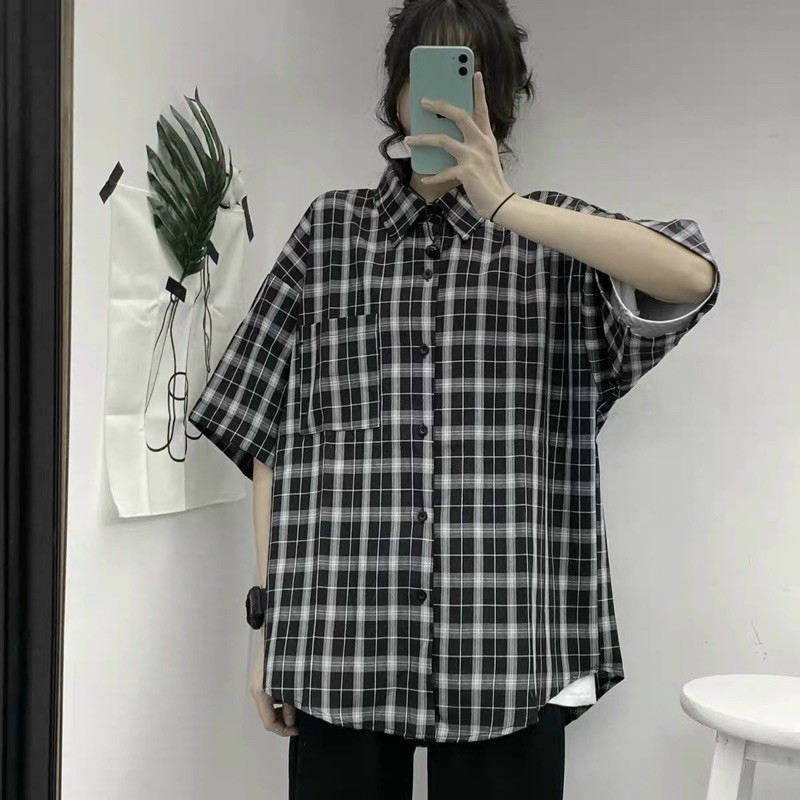 [Mã FAMARAL1 giảm 10K đơn 50K] Áo sơmi tay lỡ kẻ sọc retro form to rộng ulzzang