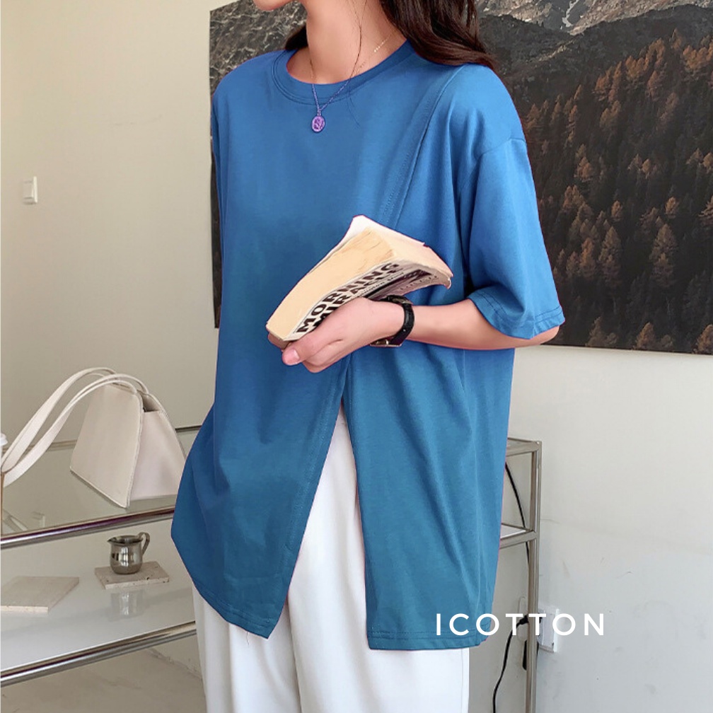 Áo thun nữ ICOTTON áo phông tay lỡ phom rộng xẻ tà 100%cotton kiểu dáng mặc hè mát