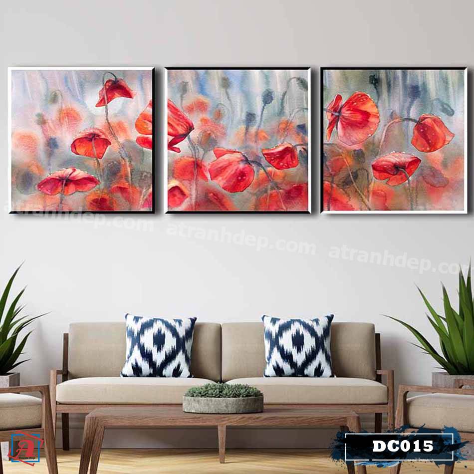 Bộ 3 tranh canvas treo tường decor hoa đỏ thủy mặc - DC015