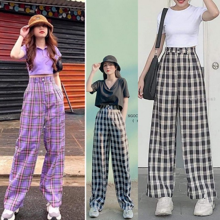 Quần ống rộng caro chất thô mềm cạp chun siêu hot - Quần kẻ ống rộng màu trắng[ảnh thật] | BigBuy360 - bigbuy360.vn