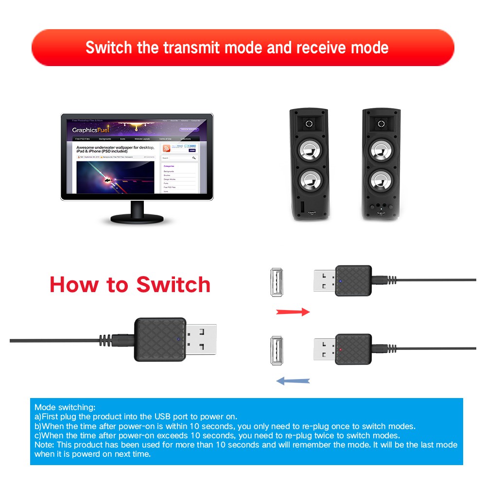 Đầu thu phát tín hiệu Bluetooth 5.0 truyền âm thanh cắm AUX RCA USB 3.5mm cho TV/PC/xe hơi