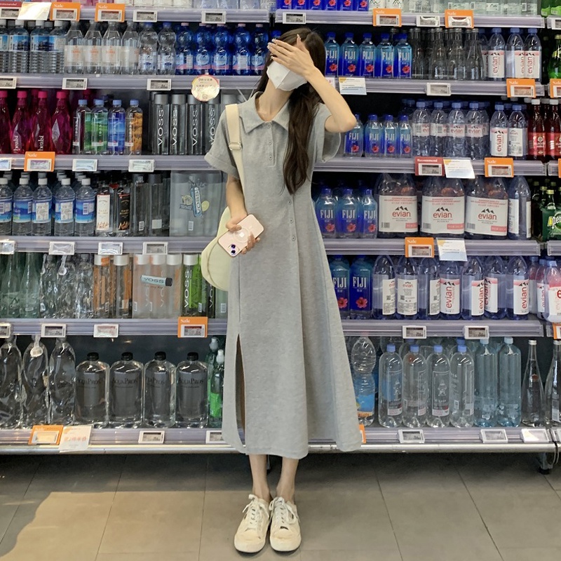 (ORDER) Váy thun POLO cổ bẻ cài khuy thon eo xòe dài điệu đà xẻ tà style Hàn Quốc