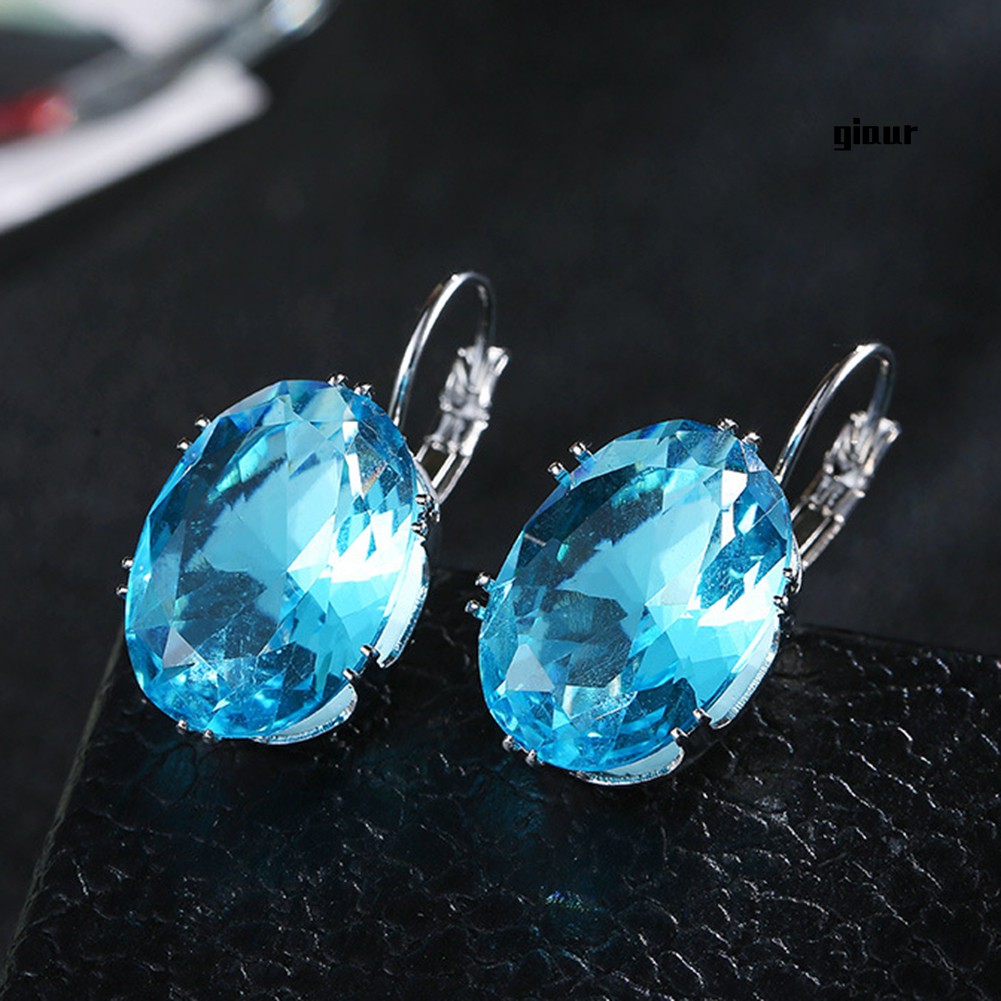 Hoa Tai Dáng Dài Mặt Hình Oval Đính Đá Nhân Tạo Thời Trang