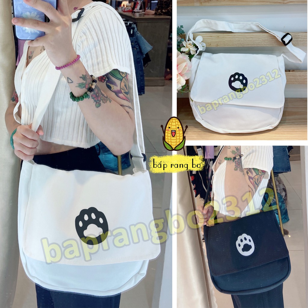 TÚI TOTE ĐEO CHÉO PHẢN QUANG CHÂN MÈO UNISEX CÓ TÚI CON VẢI CANVAS ULZZANG PQ03