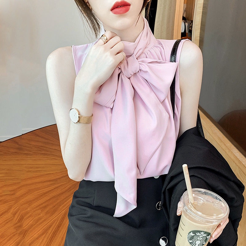 Hàng Mới Về Áo Sơ Mi Chiffon Sát Nách Cổ Cao Thắt Nơ Lớn Phong Cách Phương Tây Thời Trang Xuân Hè Cho Nữ
