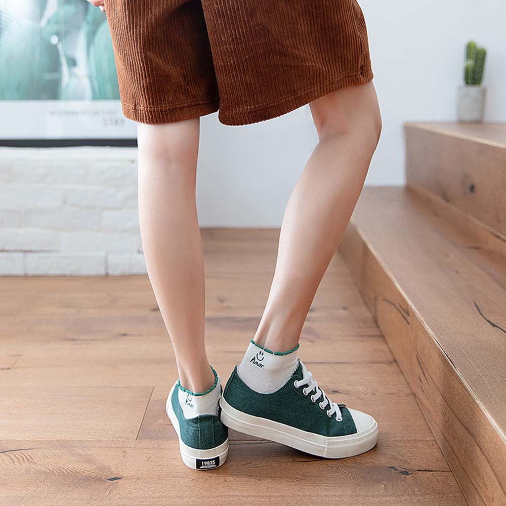 Set 7 đôi vớ thể thao cổ thấp thoáng khí họa tiết mặt cười hoạt hình nhiều màu sắc phong cách Hàn Quốc cho nữ