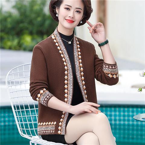 Áo dệt kim của phụ nữ trung niên và cao tuổi, áo khoác mùa thu thông thường của bà mẹ trung niên