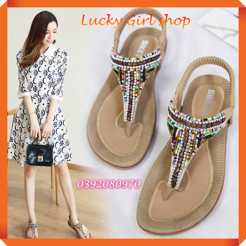 Sandal Nữ Đế Bệt Xì - Kén - Tứ Xỏ Ngón Đính Cườm Đế Êm Massage Phong Cách Bohemian Size 39-42