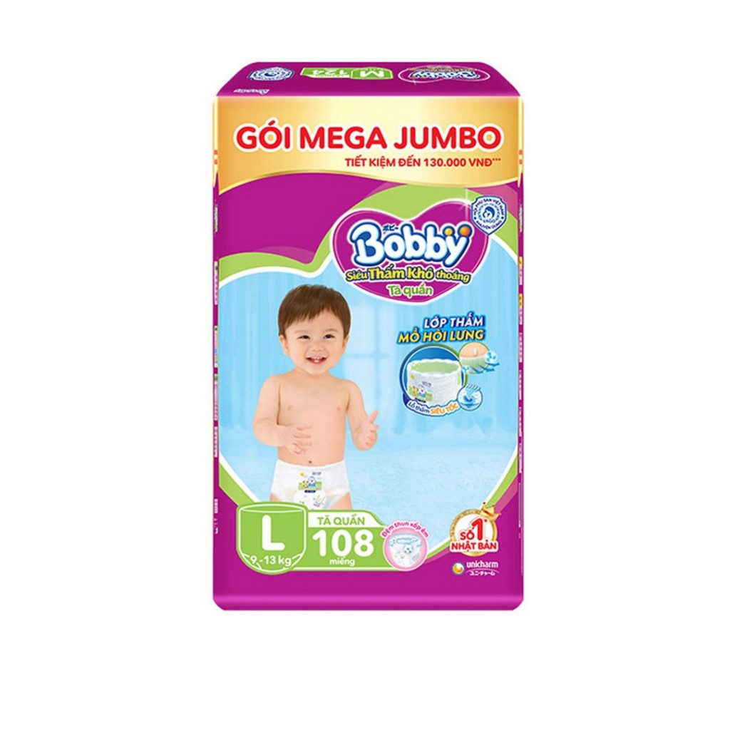 Tã quần Bobby Mega Jumbo M124/L108/L111/XL96/XXL88 Tặng 12 miếng