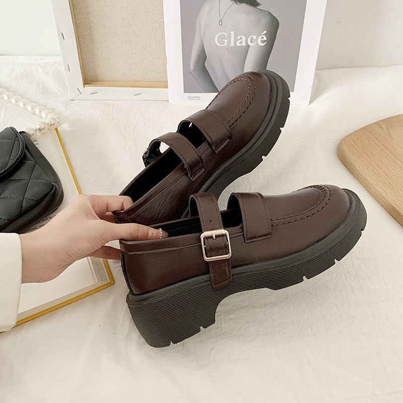 Giày da Mary Jane đế cao dáng ôm chân màu đen phong cách retro Anh Quốc cho nữ N03F