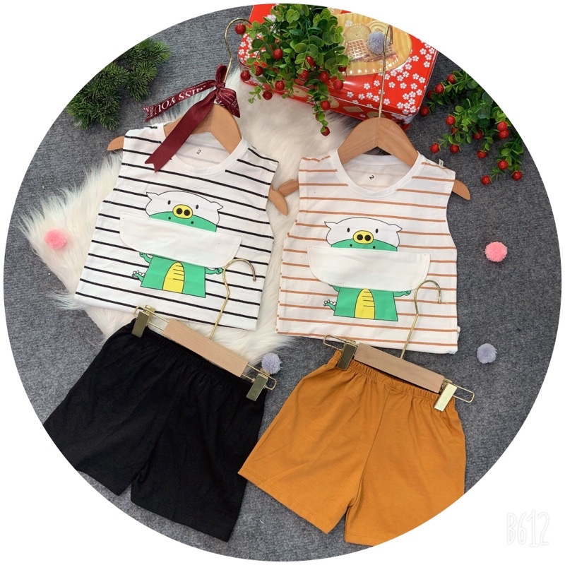Quần áo bé trai bé gái mùa hè(Mã 05)💕LINA KIDS💕, bộ ba lỗ chú heo kẻ ngang cho bé chất cotton 7-18kg
