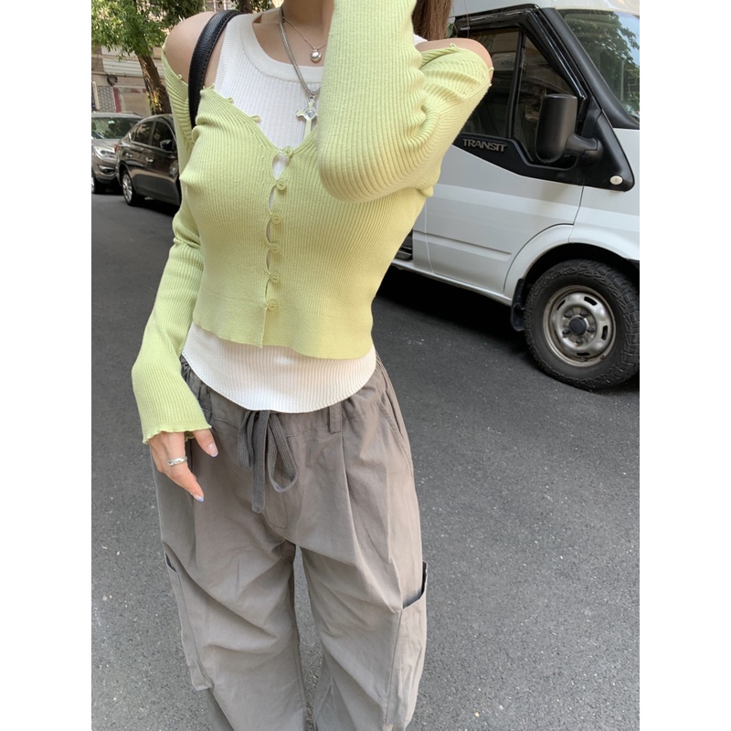「MOTEL7」Áo Khoác Cardigan Dệt Kim Mỏng Tay Dài Chống Nắng + Áo Hai Dây Dệt Kim Ngắn Tay Dễ Phối Đồ