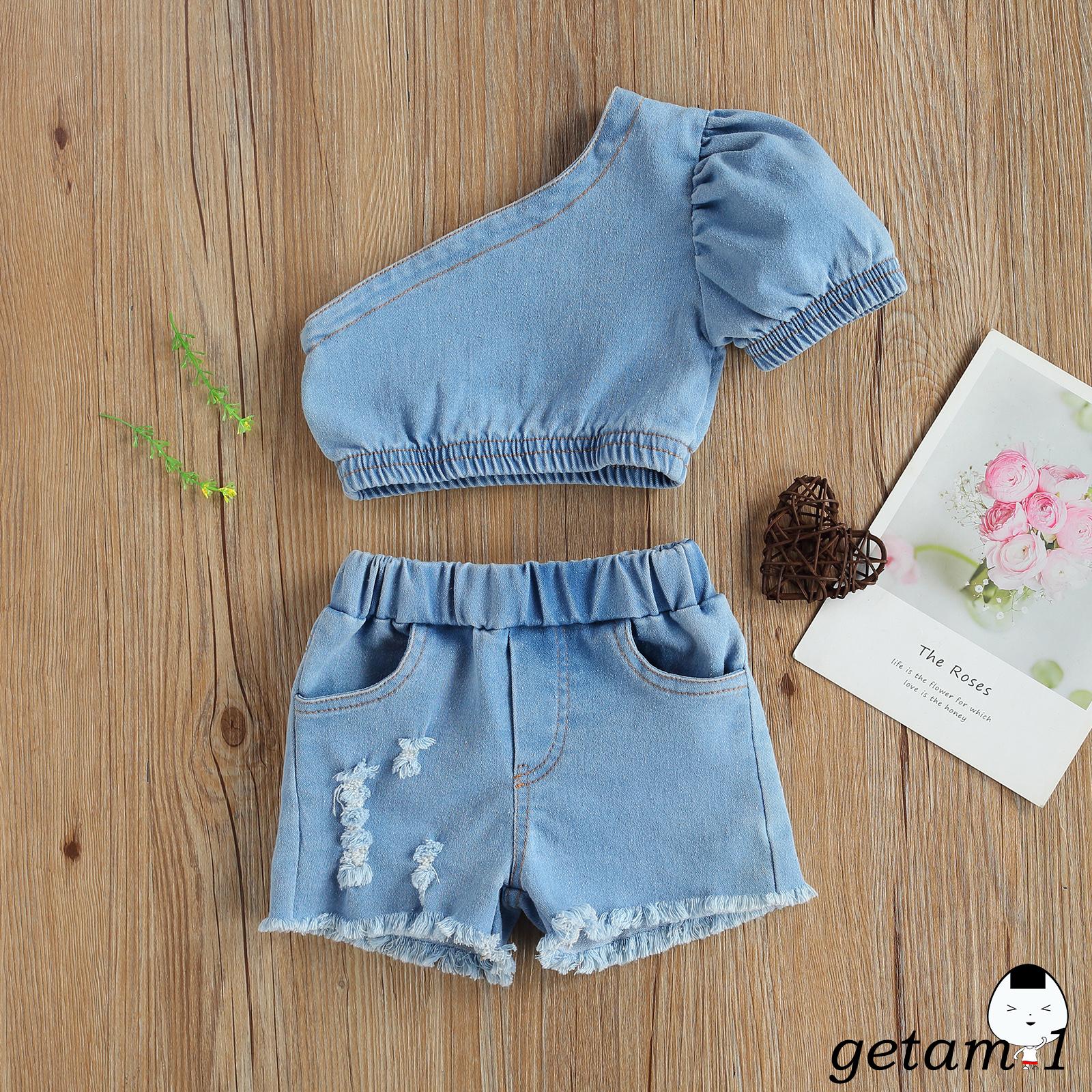 Set Áo Trễ Vai Và Quần Short Denim Đáng Yêu Cho Bé Gái