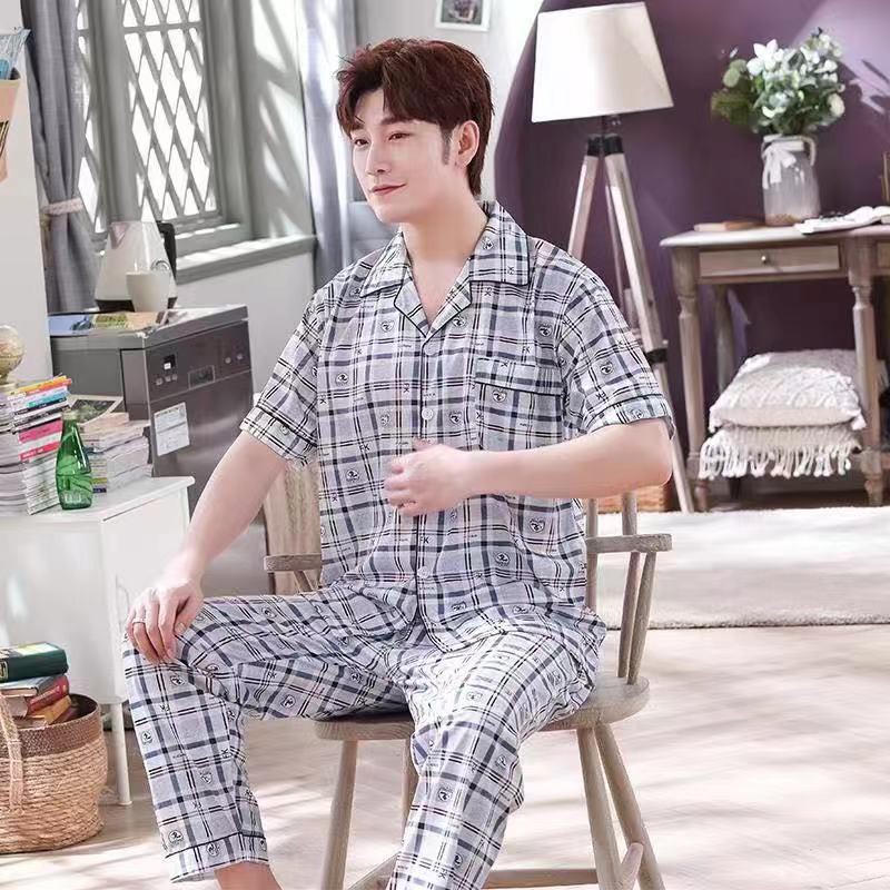 Bộ đồ ngủ nam kẻ sọc ngắn tay hoạt hình bằng vải cotton phục vụ tại nhà | BigBuy360 - bigbuy360.vn