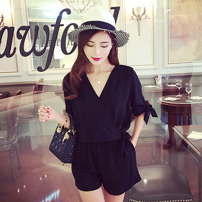 Bộ jumpsuit ngắn cổ chữ V màu trơn đơn giản thời trang cho nữ