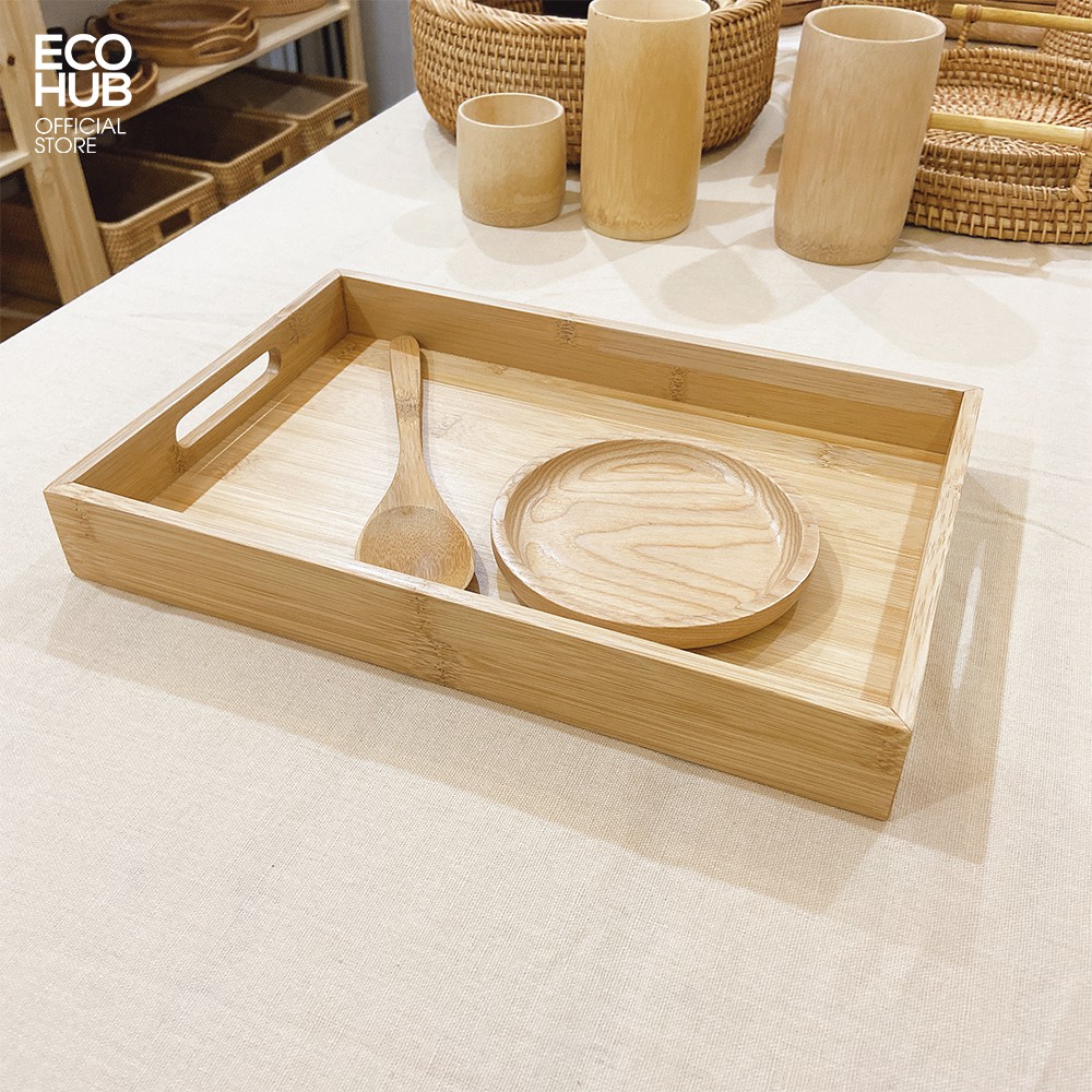 Khay gỗ Tre ECOHUB phục vụ chữ nhật có tay cầm, Nhiều Kích thước (Tre VN), Cứng cáp (Bamboo serving tray) | EH023