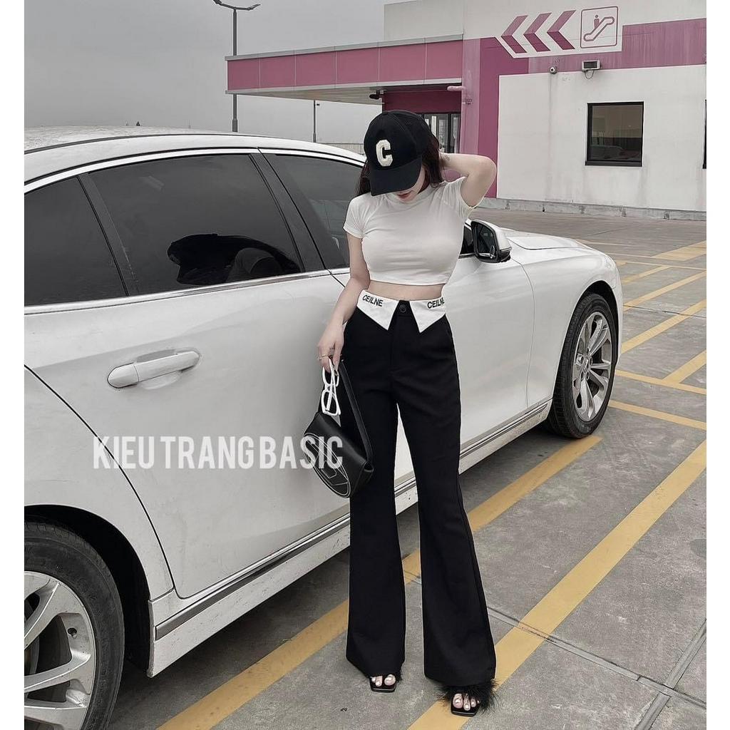 SET ÁO CROPTOP TRƠN + QUẦN SUÔNG VIỀN LẬT LƯNG THÊU CHỮ (TH)